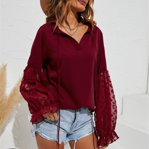 Tops - Boho Swiss dot sleeve tie neck blouse